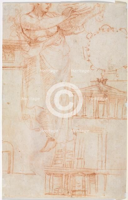 A Draped Female Figure (possibly an Amazon) and Architectural Studies (verso), c. 1525. Creator: Correggio (Italian, 1489?-1534), attributed to.