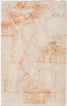 A Draped Female Figure (possibly an Amazon) and Architectural Studies (verso), c. 1525. Creator: Correggio (Italian, 1489?-1534), attributed to