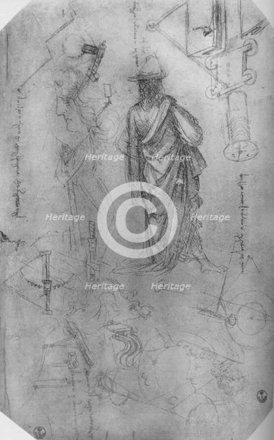 'A Draped Figure, Studies of Machinery Etc.', c1480 (1945). Artist: Leonardo da Vinci.