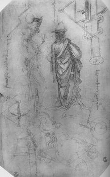 A Draped Figure, Studies of Machinery Etc. c1480 (1945). Artist: Leonardo da Vinci