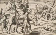 A drunken Silenus riding an ass being supported by satyrs, 1531-76. Creator: Giulio Bonasone