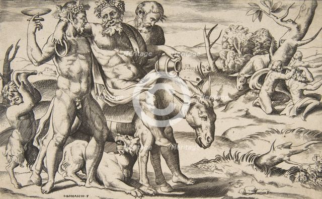 A drunken Silenus riding an ass being supported by satyrs, 1531-76. Creator: Giulio Bonasone.
