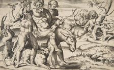 A drunken Silenus riding an ass being supported by satyrs, 1531-76. Creator: Giulio Bonasone
