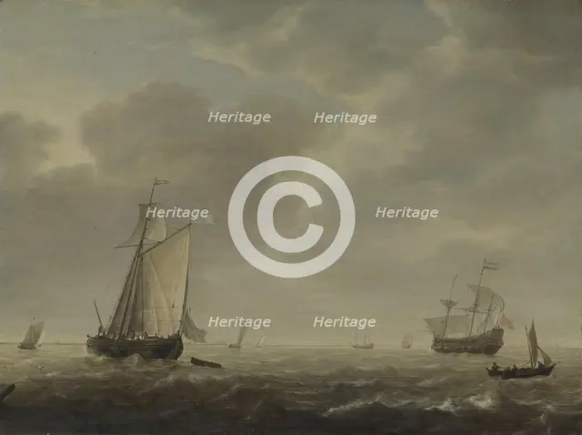 A Dutch Man-of-war and Various Vessels in a Breeze, c. 1640. Artist: Vlieger, Simon de (1601-1653)