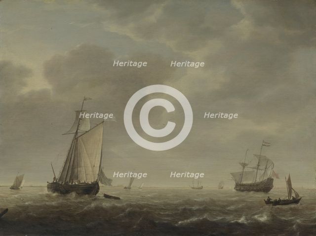 A Dutch Man-of-war and Various Vessels in a Breeze, c. 1640. Artist: Vlieger, Simon de (1601-1653)