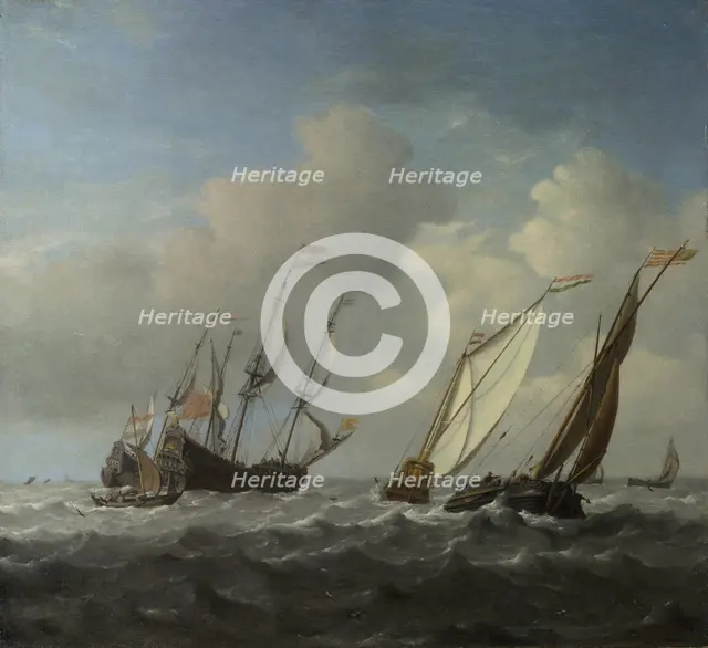 A Dutch Ship, a Yacht and Smaller Vessels in a Breeze, c. 1660. Artist: Velde, Willem van de, the Younger (1633-1707)