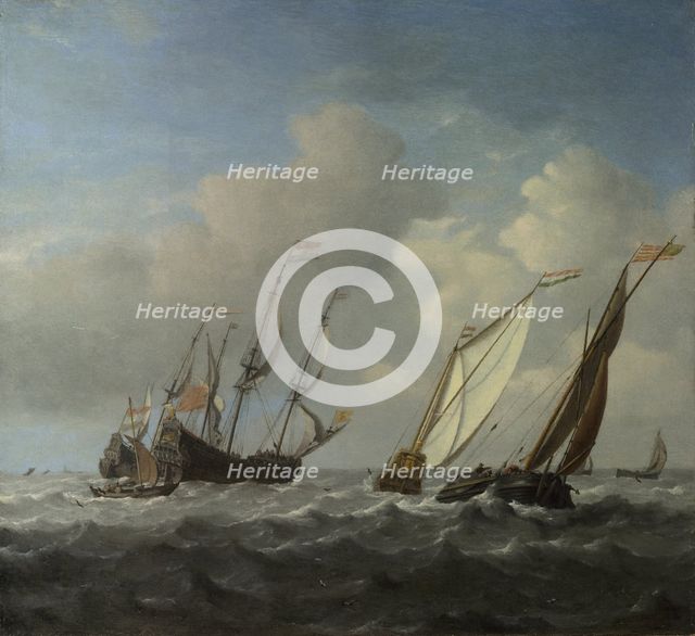 A Dutch Ship, a Yacht and Smaller Vessels in a Breeze, c. 1660. Artist: Velde, Willem van de, the Younger (1633-1707)