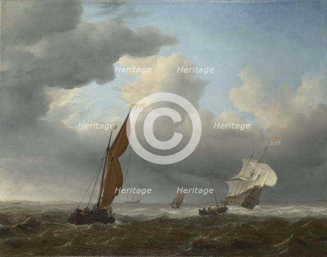 A Dutch Ship and Other Small Vessels in a Strong Breeze, 1658. Artist: Velde, Willem van de, the Younger (1633-1707)