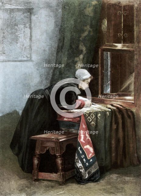 'A Dutchwoman Cutting Cloth', 1889. Artist: Unknown