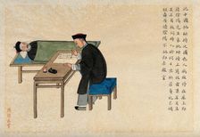 A dying (?) man dictates his will (?) to a scribe seated at a table by his bedside, 1890. Creator: Pei Qun Zhou