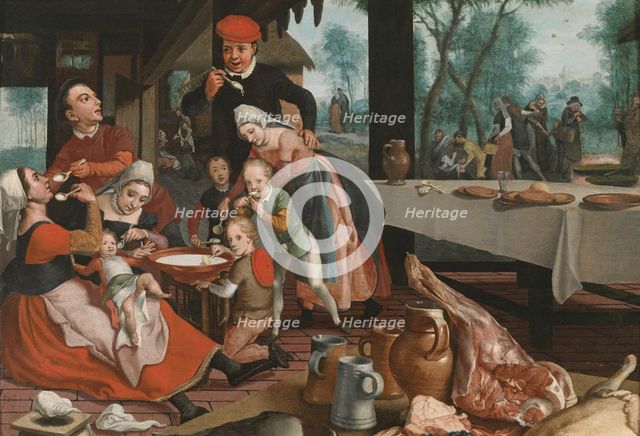 A family eating rice pudding. Creator: Pietersz, Pieter, the Elder (1540-1603).