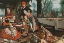 A family eating rice pudding. Creator: Pietersz, Pieter, the Elder (1540-1603)