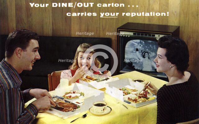 A family eating takeaway food in front of a television, Menasha, Wisconsin, USA, 1959. Artist: Unknown