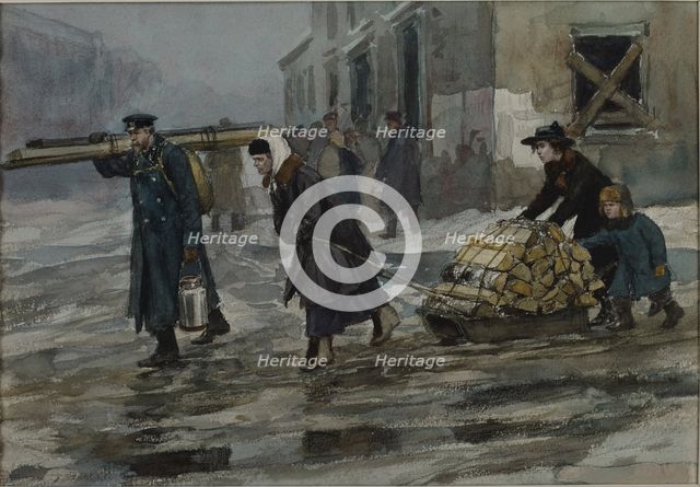 A family of an engineer dragging home some fuel, 1919.