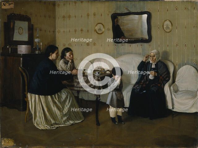 A Family Morning. Teach Child to Pray, 1871. Artist: Rumyantsev, Andrei Antipovich (?-1907)