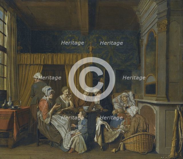 A family taking tea while celebrating the birth of twins. Artist: Horemans, Jan Josef, the Younger (1714-1790)