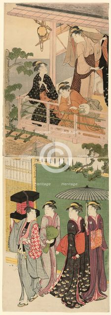 A Fan Peddler Passing Beneath a Balcony, c. 1786. Creator: Torii Kiyonaga.