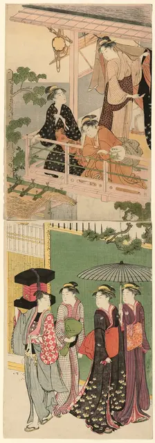 A Fan Peddler Passing Beneath a Balcony, c. 1786. Creator: Torii Kiyonaga