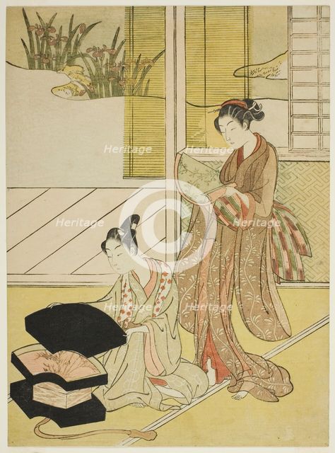 A Fan Peddler Showing his Wares to a Young Woman, c. 1765/70. Creator: Suzuki Harunobu.