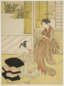 A Fan Peddler Showing his Wares to a Young Woman, c. 1765/70. Creator: Suzuki Harunobu