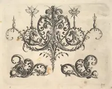 A fantastic chandelier with burning candles and arabesques, some ending in fantastic horse..., 1610. Creator: Christoph Jamnitzer