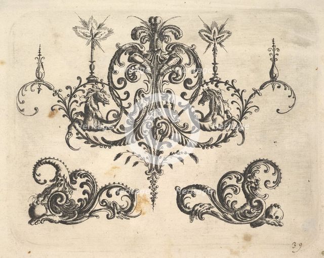 A fantastic chandelier with burning candles and arabesques, some ending in fantastic horse..., 1610. Creator: Christoph Jamnitzer.