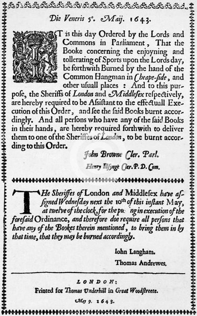 A facsimile of the order for the burning of the Book of Sports, 1643 (1903). Artist: Unknown.