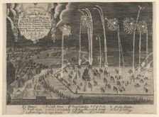 A faithful representation of the fireworks display presented by Johann Müller as proof of ..., 1659. Creator: Anon