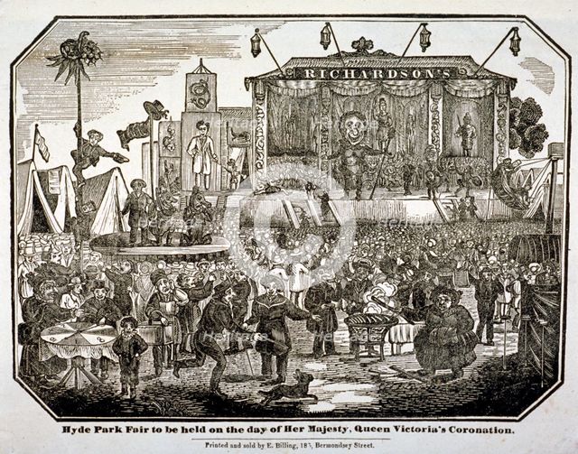 A fair held at Hyde Park during Queen Victoria's coronation in 1838. Artist: Anon