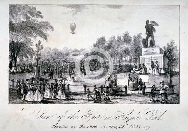 A fair held in Hyde Park during the coronation of Queen Victoria in 1838. Artist: Anon