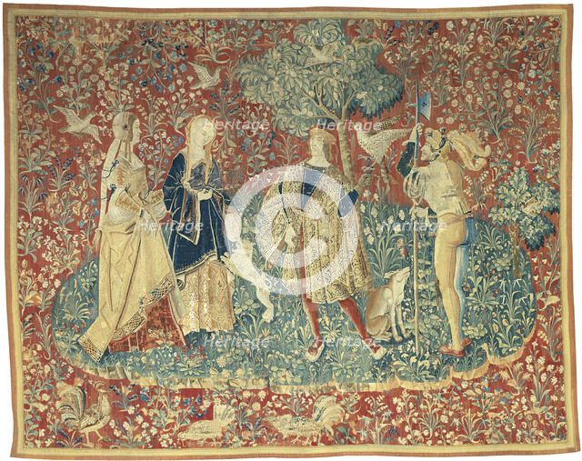 A Falconer with Two Ladies and a Foot Soldier, possibly Paris or Bruges, c. 1500. Creator: Unknown.