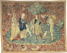 A Falconer with Two Ladies and a Foot Soldier, possibly Paris or Bruges, c. 1500. Creator: Unknown