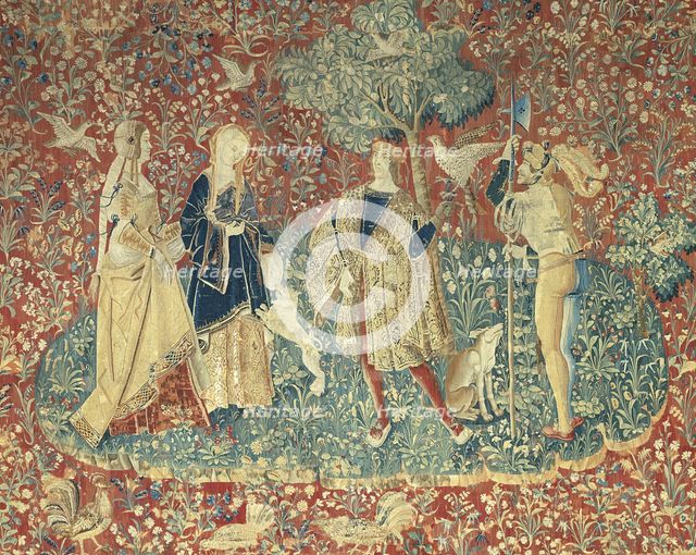 A Falconer with Two Ladies and a Foot Soldier, possibly Paris or Bruges, c. 1500. Creator: Unknown.