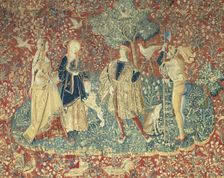 A Falconer with Two Ladies and a Foot Soldier, possibly Paris or Bruges, c. 1500. Creator: Unknown