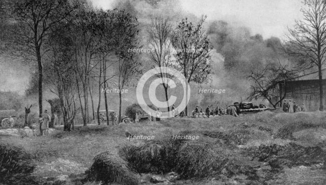 A farm on fire from German incendiary bombs, Artois, France, World War I, 1915. Artist: Unknown