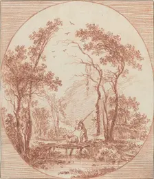 A Farmer and a Sheep Crossing a Rustic Bridge. Creator: Jean Baptiste Le Prince