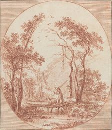 A Farmer and a Sheep Crossing a Rustic Bridge. Creator: Jean Baptiste Le Prince