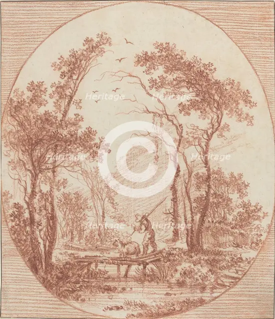 A Farmer and a Sheep Crossing a Rustic Bridge. Creator: Jean Baptiste Le Prince.