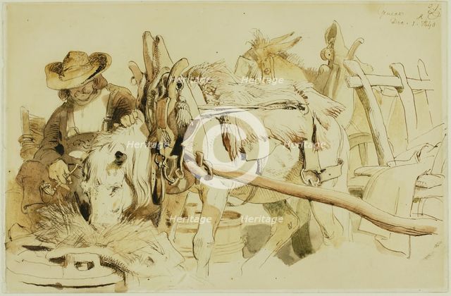 A Farmer Feeding his Pony in Geneva (recto); Seated Friar (verso), 1840 (recto); c. 1840 (verso). Creator: Edwin Henry Landseer.