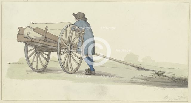 A farmer from the Hunsrück region by a cart, loading or unloading it, c1840s. Creator: Jakob Dielmann.