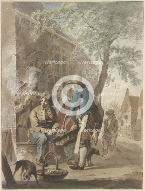 A farmer offers his produce for sale with a basket in front of a house; a dog is in the..., c1790s. Creator: Hermanus van Brussel.
