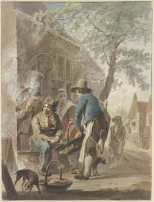 A farmer offers his produce for sale with a basket in front of a house; a dog is in the..., c1790s. Creator: Hermanus van Brussel