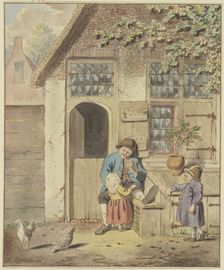 A farmer sits in front of a house with two children and two chickens, c1790s. Creator: Johannes Christiaan Janson