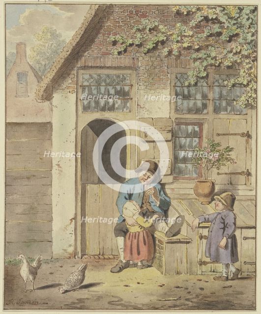 A farmer sits in front of a house with two children and two chickens, c1790s. Creator: Johannes Christiaan Janson.