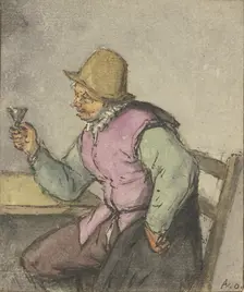 A farmer sitting at a table with a glass, facing left, after 1670. Creator: Adriaen van Ostade