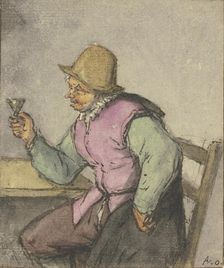 A farmer sitting at a table with a glass, facing left, after 1670. Creator: Adriaen van Ostade