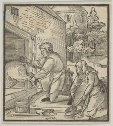 A Farmer Slaughtering a Hog, from Hymmelwagen auff dem, wer wol lebt..., 1517. Creator: Hans Schäufelein the Elder