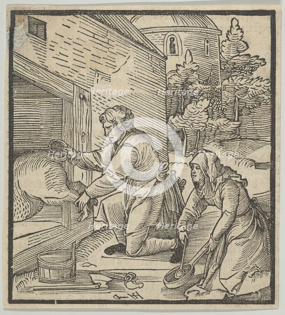 A Farmer Slaughtering a Hog, from Hymmelwagen auff dem, wer wol lebt..., 1517. Creator: Hans Schäufelein the Elder.