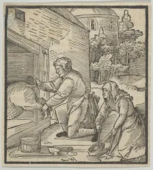 A Farmer Slaughtering a Hog, from Hymmelwagen auff dem, wer wol lebt..., 1517. Creator: Hans Schäufelein the Elder