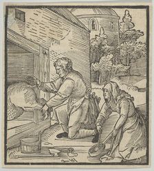 A Farmer Slaughtering a Hog, from Hymmelwagen auff dem, wer wol lebt..., 1517. Creator: Hans Schäufelein the Elder